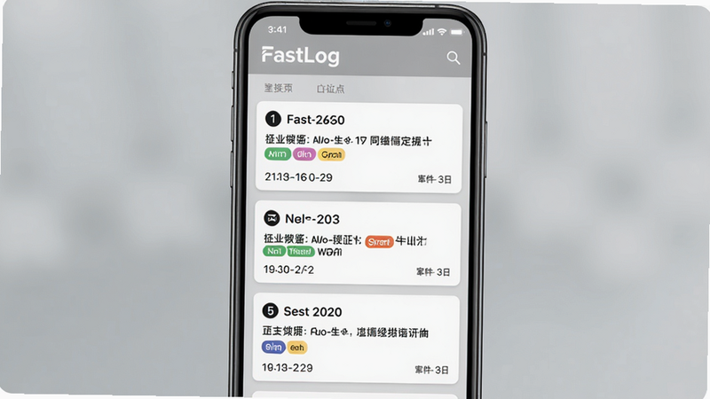 一张手机竖屏截图,显示FastLog应用主界面,顶部有白色字体“FastLog”logo和搜索图标,下方按时间倒序排列的日志卡片列表,每张卡片包含标题、简短摘要、彩色标签和日期时间戳,背景为浅灰色磨砂质感,排版整齐,风格扁平化,画质高清,干净无多余元素