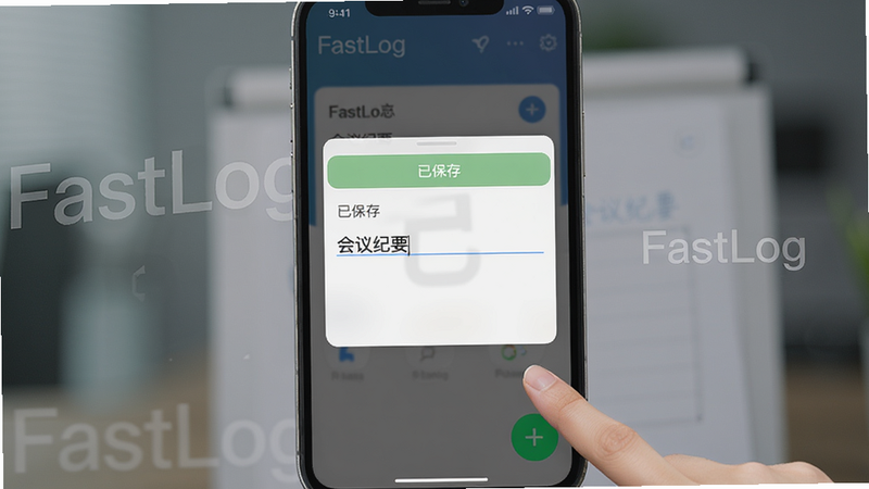 一张手机操作动态图展示,用户点击FastLog主界面右下角的绿色“+”按钮,瞬间弹出新建日志窗口,输入“会议纪要”后自动保存,顶部显示“已保存”提示,背景模糊,界面流畅,画质细腻,包含“FastLog”水印