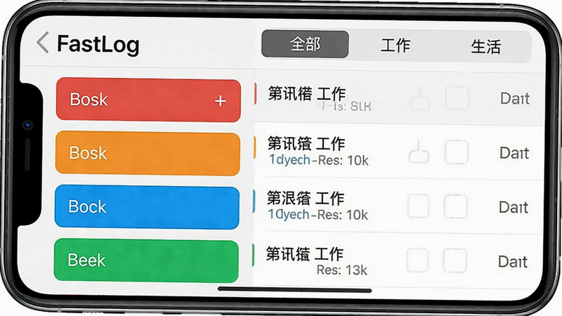 一张手机截图展示FastLog的标签管理页面,左侧是标签列表(红、橙、蓝、绿四种颜色),右侧是筛选后的日志列表,顶部有“全部”、“工作”、“生活”等tab切换,界面简洁,色彩鲜明,画质高清