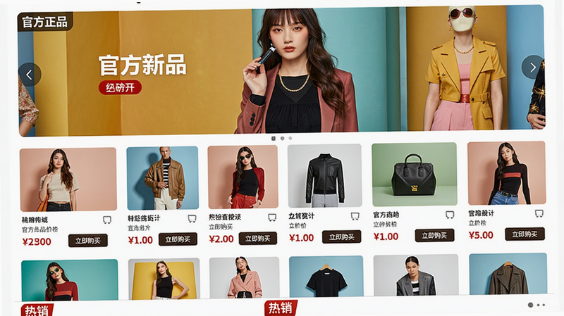 主体:商城页面截图,布局:上方为轮播大图展示新品,下方为商品列表以网格排列。每个商品卡片包含图片、名称、价格和“立即购买”按钮。风格:时尚简洁,背景白色,商品图片色彩丰富。细节:左上角有“官方正品”标签,商品价格用红色突出,底部还有“热销”标志。画质:高清,干净。