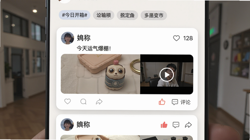 主体:社区动态页面,布局:上方有热门话题标签如“#今日开箱#”,下方为动态信息流,每条动态包含用户头像、昵称、图片/视频、文字和互动按钮(点赞、评论)。风格:社交平台风格,背景浅色,卡片圆角,阴影柔和。细节:一条动态显示用户发布的隐藏款盲盒照片,配文“今天运气爆棚!”,点赞数显示为128。画质:清晰。