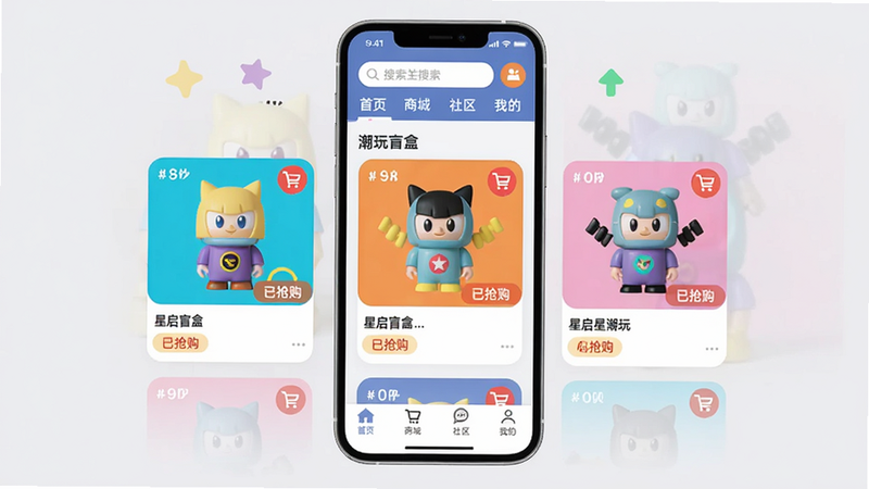 主体:手机界面展示星启星潮玩App主页面,布局:中央展示热门潮玩盲盒商品,顶部有搜索栏和分类导航,底部菜单栏有首页、商城、社区、我的。排版:清晰简洁,卡片式布局,背景为浅灰色。风格:现代扁平化,色彩鲜艳,突出潮玩元素。细节:每个盲盒商品上标有价格和“已抢购”字样,右上角有购物车图标。画质:高清,干净,无多余元素。