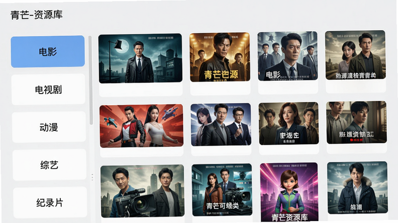 青芒资源分类页面截图,左侧为竖排分类列表(“电影”“电视剧”“动漫”“综艺”“纪录片”),右侧对应显示热门海报缩略图,采用卡片式布局,色彩鲜艳,背景为浅灰色,画面干净,无多余元素,文字标注“青芒-资源库”