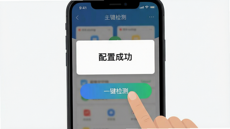 主体为手机操作演示动画截图,展示用户点击“一键检测”按钮后,界面出现“配置成功”提示。布局居中,风格扁平,细节包括按钮颜色渐变、提示文字清晰,画质干净,无多余元素。