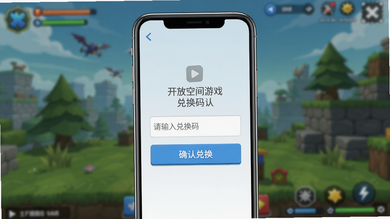 主体:手机屏幕显示开放空间游戏兑换码输入界面,有一个输入框和‘确认兑换’按钮;布局:手机居中,背景是游戏主界面模糊;排版:竖屏;风格:游戏UI风格,简洁;细节:输入框中有占位符文字‘请输入兑换码’,按钮为蓝色;画质:干净无多余元素
