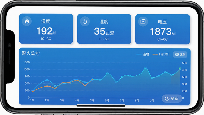 聚火远程监控面板的手机截图,展示实时数据曲线图与设备列表,布局为上下结构,上方为三个卡片显示温度、湿度、电压数值,下方为折线图,风格清新蓝色主调,细节包括图例和刷新按钮,画质高清无噪点,界面文字显示“聚火监控”和实时数据,整体干净无多余元素。