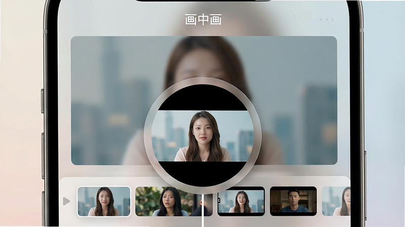 一个智能手机屏幕展示画中画App主界面,上方为主视频预览,下方有多个小窗口素材轨道,中间叠加了一个圆形画中画窗口,窗口内播放另一段视频,界面采用毛玻璃效果,色彩柔和,布局清晰,顶部有“画中画”字样,风格现代简约,画质细腻,干净无多余元素