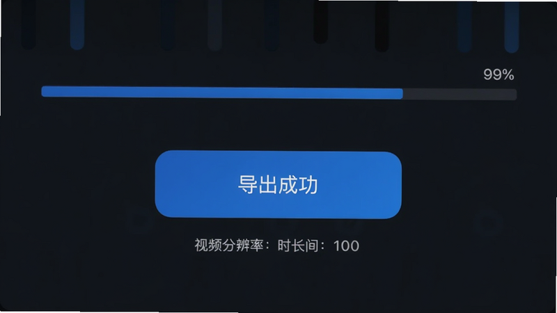 画中画App导出界面,进度条显示99%,背景为暗色,中央有“导出成功”按钮,下方显示视频分辨率和时长,界面简洁,无广告,色彩以蓝色为主,干净利落