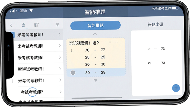 手机屏幕显示题库界面,左侧题目列表,右侧答题卡,中间一道选择题已高亮答案。顶部有“智能推题”按钮,背景为浅灰色,界面清晰干净。画质高清,风格简洁,文字“米考试考教师”出现在状态栏