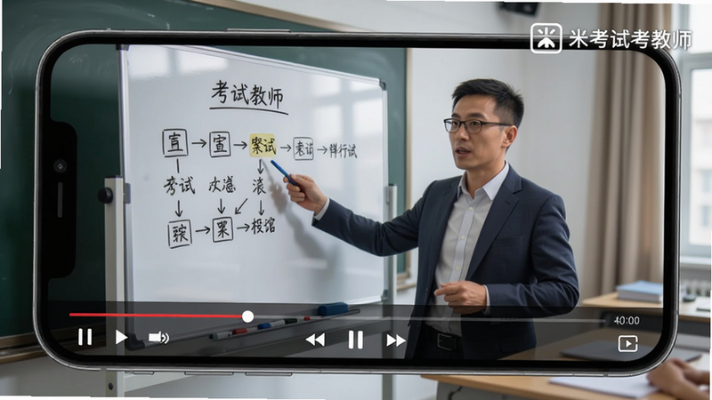 手机播放视频界面,画面中一位讲师正在白板上讲解知识点,下方有进度条和播放控制按钮,右上角显示“米考试考教师”水印。布局为横屏,风格真实教学场景,画质高清,光线柔和,无杂乱元素