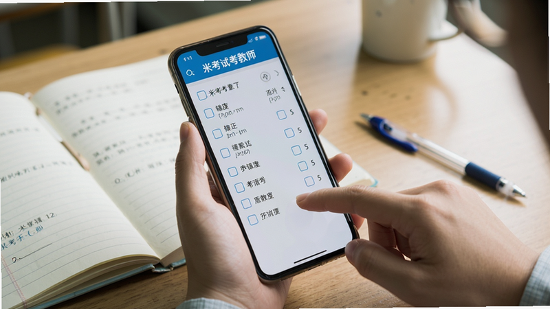 手机握在手中正在刷题,屏幕显示一道选择题,手指点击选项。背景为课桌,旁边放有笔记本和笔。画质清晰,构图自然,风格生活化,突出学习场景,文字“米考试考教师”出现在屏幕顶部状态栏