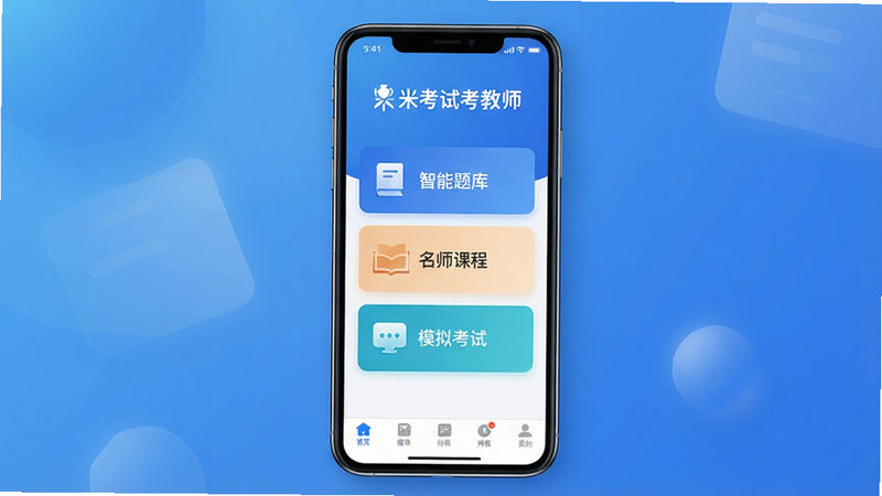 主体为手机屏幕显示米考试考教师APP主界面,上方有“米考试考教师”Logo,中部排列“智能题库”、“名师课程”、“模拟考试”三大卡片图标,底部导航栏清晰。布局居中,排版整洁,风格为现代扁平化,背景采用渐变蓝色,细节处有微弱光影,画质高清,干净无多余元素