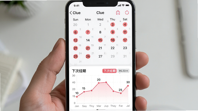 主体为手机日历界面,显示Clue的周期预测,布局上半部分为日历中标记红色圆点的日期,下半部分为周期趋势图,风格简洁现代,主色调白色配粉色高亮,细节有“下次经期”文字,画质清晰干净