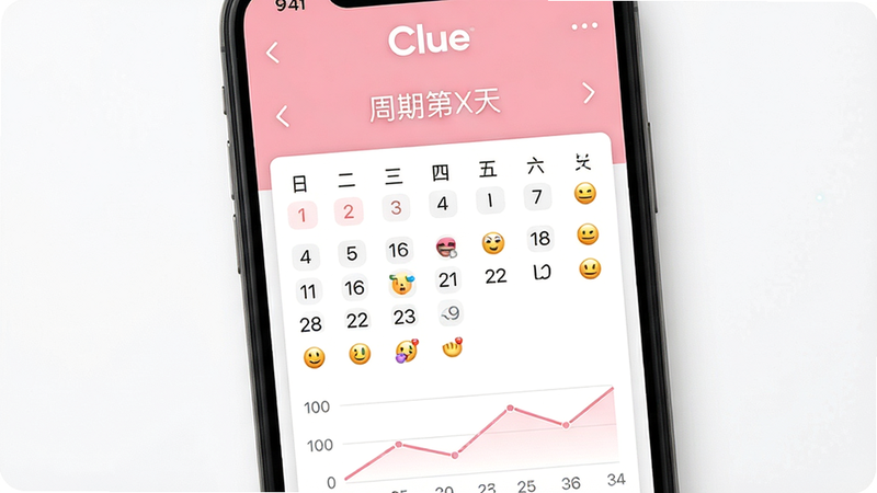 主体为手机屏幕展示Clue应用主界面,布局居中,上方显示当前周期状态“周期第X天”,下方为日历和趋势图表,风格扁平清新,主色调白色与粉色,细节有日期标记和表情符号,画质高清,干净无多余元素,图片中文字“Clue”清晰可见