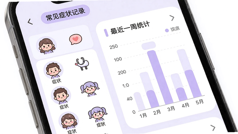 主体为手机屏幕显示症状记录界面,布局左侧为各种症状图标列表,右侧为最近一周的统计柱状图,风格清新可爱,图标为卡通风格,主色调淡紫色,细节有“常见症状”字样,画质高清,干净无多余元素