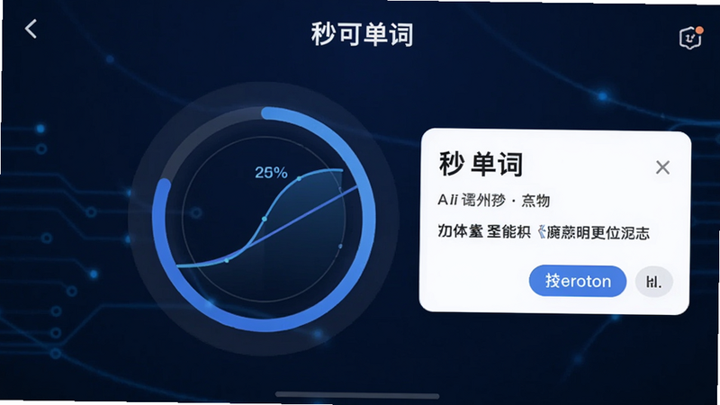 展示'秒可单词'AI学习界面,中央有一个圆形进度图显示记忆曲线,旁边有一张单词卡片,卡片上标注单词和例句,背景为深蓝色科技感风格,字体清晰,画面干净,高清画质。