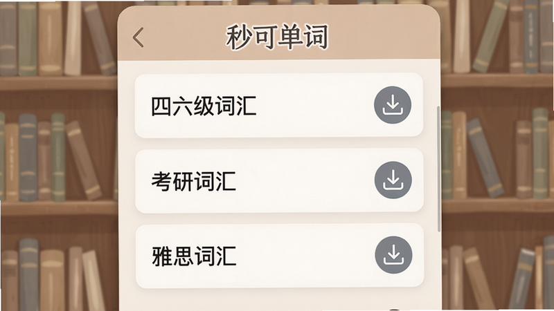 展示'秒可单词'词库选择页面,列表中排列着“四六级词汇”“考研词汇”“雅思词汇”等选项,每个词条旁有下载图标,背景为书架式排版,色调柔和,文字清晰,整体整洁有序,高清画质。