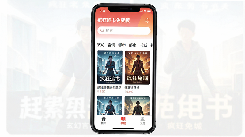 画面主体:一部黑色边框的智能手机竖屏显示,屏幕内容为“疯狂追书免费版”的“书城”页面,布局为两列小说封面排列,上方有搜索框和分类标签(玄幻、言情、都市等),底部导航栏高亮显示“书城”图标。风格为现代扁平化UI,色彩明亮,细节清晰,画质高清,无多余文字或元素。