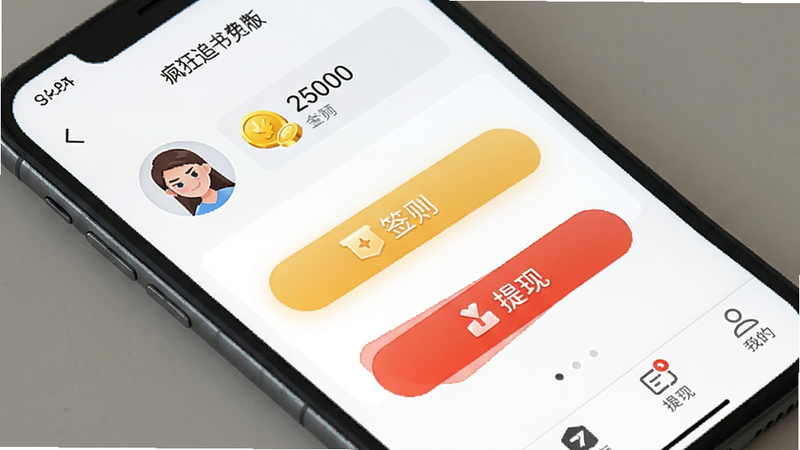 手机屏幕显示“疯狂追书免费版”的“我的”页面,布局有用户头像、金币余额“25000”、签到按钮、提现入口、底部导航栏。风格简洁,细节包括金币图标和提现按钮的红色高亮,画质清晰,干净无多余元素。