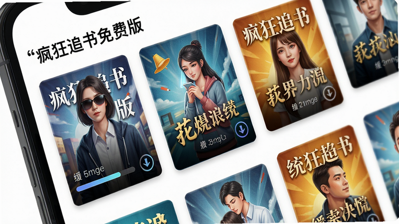画面主体:手机屏幕展示“疯狂追书免费版”的书架页面,多本小说封面以网格状排列,其中一本正在下载缓存,进度条显示在封面左下角。布局整洁,封面色彩丰富,风格写实,细节包括下载图标和缓存进度,画质高清,干净无多余元素。