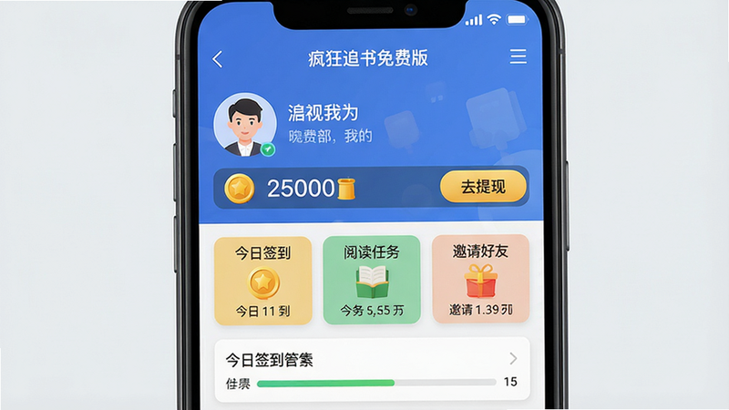 画面主体:手机屏幕显示“疯狂追书免费版”的“我的”页面,顶部展示用户头像和昵称,下方有金币余额数字“25000”,旁边有“去提现”按钮。中间列表显示今日签到、阅读任务、邀请好友等入口。布局清晰,风格扁平,细节包括金币图标和进度条,画质高清,无多余文字。