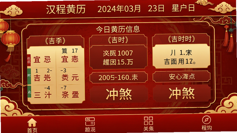 汉程黄历应用主界面截图,整体布局采用中国风红金配色,顶部显示日期和星期,中间区域展示今日黄历信息包括宜忌、吉时、冲煞等,底部有导航栏。界面干净简洁,文字清晰,无多余元素。画质高清,风格典雅。
