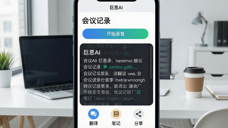 主体:一部智能手机屏幕显示巨思AI应用主界面,布局上方有“会议记录”标题和开始录音按钮,中部为实时转写文字流,下方有翻译、笔记、分享等图标。背景为现代简约办公室,书桌上有笔记本电脑和咖啡杯。风格:科技感扁平化设计,明亮色调。细节:屏幕中文字清晰可辨,显示“巨思AI”字样和一段中英文混合转写示例。画质:高清,干净无多余元素。