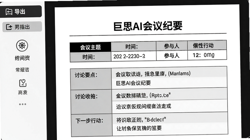 主体:一张会议纪要文档预览图,显示“巨思AI会议纪要”标题,下方有会议主题、时间、参与人、讨论要点、下一步行动等表格。布局:左侧边栏有导出选项,右侧主要内容。风格:正式商务文档风格,黑白灰色调。细节:文字示例具体。画质:干净清晰。