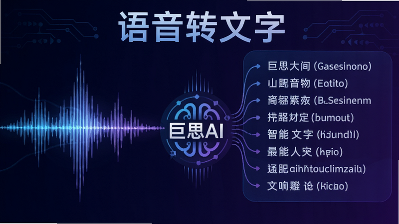 主体:智能语音识别功能示意图,声波波形转换为文字流,中间有“巨思AI”logo。布局:左侧声波图案,右侧文字列表,上方标题“语音转文字”。风格:科技蓝紫渐变,动态感。细节:文字示例包含中英文,字体清晰。画质:高清,无多余元素。
