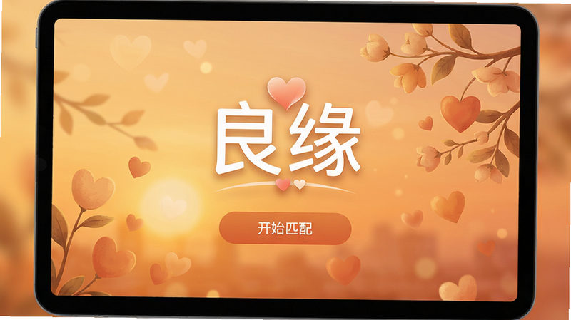 良缘软件主界面预览图,暖色调背景,中央显示“良缘”logo,下方有“开始匹配”按钮,布局简洁,风格温馨浪漫,高清画质,干净无多余元素。