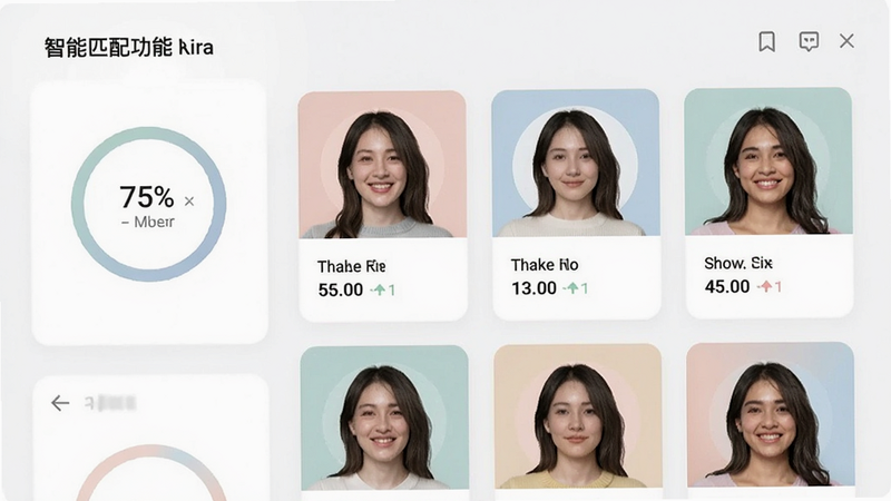 智能匹配功能界面截图,显示匹配度百分比和推荐头像卡片,布局为卡片式排列,风格简约,画质清晰,色彩柔和。