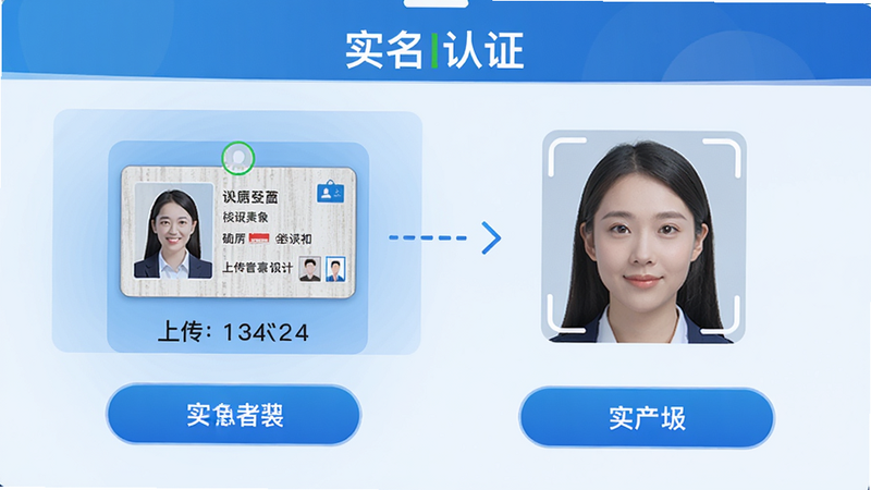 实名认证界面,显示上传身份证和人脸识别的步骤,界面布局清晰,蓝色主题,按钮醒目,画质高清,给人安全可靠的感觉。