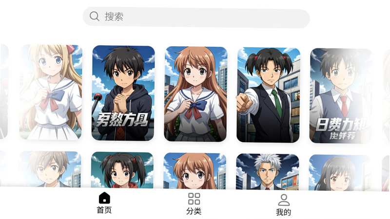 免费动漫安卓版主界面预览图,展示首页推荐热门动漫海报墙,顶部有搜索框,底部导航栏含“首页”“分类”“我的”三个标签,海报采用圆角卡片布局,背景为纯白色,整体风格简洁现代,画质高清无模糊,无明显广告元素,干净整洁。