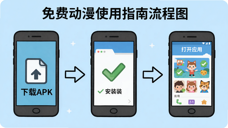 免费动漫使用指南流程图,展示从下载到安装到打开的完整步骤,用箭头串联,第一步手机图标上显示‘下载APK’,第二步安装界面打勾,第三步打开应用显示首页,风格为扁平卡通,背景浅蓝,画质清晰,无多余元素。