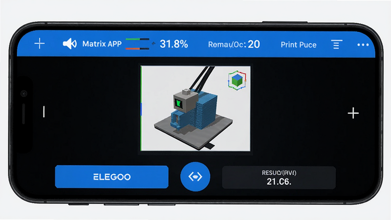 一款智能手机屏幕显示ELEGOO Matrix APP主界面,布局上方为打印状态栏,中间为3D模型预览图,下方为控制按钮,排版简洁清晰,科技风格蓝黑色调,细节包括打印进度百分比、剩余时间、树脂温度,画质超高清,干净无多余元素