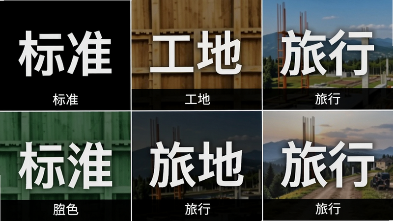 水印相机免费定位的多模板预览图,主体为九宫格展示不同水印模板效果,布局整齐,排版有序,风格简洁明快,细节每个模板下方标注名称如“标准”、“工地”、“旅行”,画质清晰,干净无多余元素