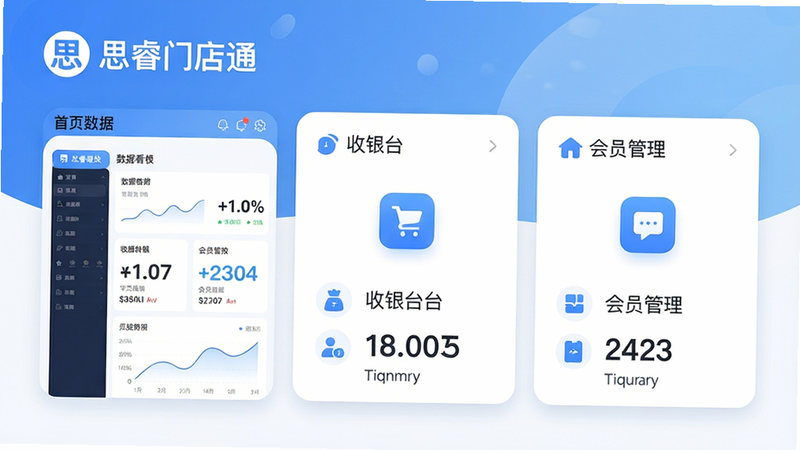 主体:思睿门店通App界面截图,展示首页数据看板、收银台和会员管理三个主要功能卡片。布局:左中右三栏式,上方为品牌Logo和“思睿门店通”字样。排版:信息层级清晰,关键数据用大号字体突出。风格:扁平化UI,蓝白主色调,柔和渐变背景。细节:卡片带有圆角和轻微阴影,图标简洁现代。画质:高清,干净无多余元素。