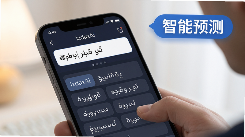 izdaxAi智能预测功能演示图,手机屏幕显示输入框,用户正在输入维语,下方候选词栏列出多个预测选项,背景柔和,排版整齐,画质细腻,突出“智能预测”文字标签