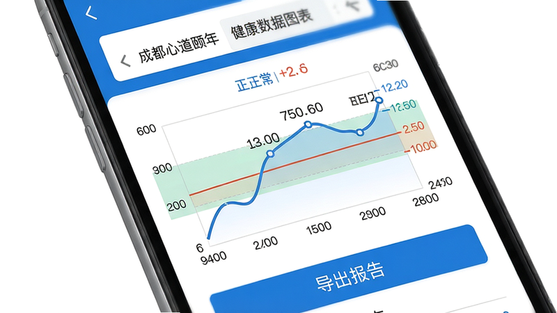 成都心道颐年 健康数据图表 主体为手机屏幕展示血压趋势折线图 布局上方有日期选择器 中部是曲线与正常范围参考线 下方有“导出报告”按钮 风格简洁 蓝白配色 细节标注数值 画质清晰 无多余元素
