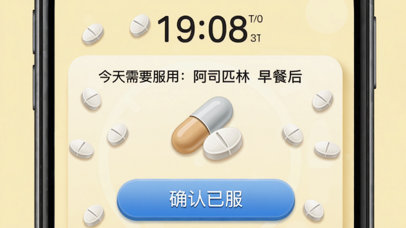 成都心道颐年 用药提醒功能 主体为手机屏幕显示“今天需要服用:阿司匹林 早餐后” 布局上方有时间 中部药丸图标 下方有“确认已服”按钮 风格拟物化 背景柔和淡黄色 细节有药片形状 画质干净