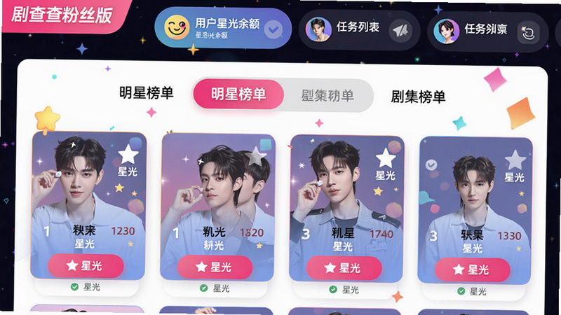 主体:星光打榜页面,布局:顶部显示用户星光余额和任务列表,中部为“明星榜单”和“剧集榜单”切换栏,下方列出排名卡片,每张卡片含头像、名字和星光数。风格:活力色彩,细节:打榜按钮为粉色,“剧查查粉丝版”字样在左上角,画质:清晰