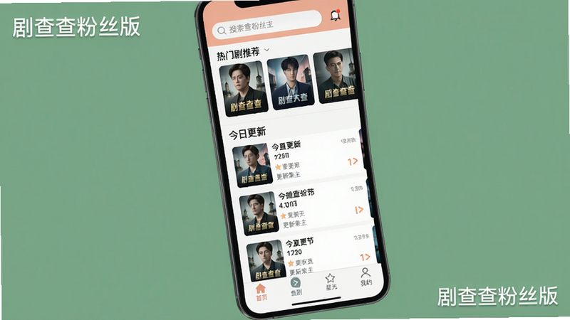 主体:手机屏幕显示剧查查粉丝版主界面,布局:上方是搜索栏和热门剧集推荐,中部为“今日更新”列表,底部导航栏包含“首页”“查剧”“星光”“我的”。排版:信息流卡片式排列,风格:扁平化设计,色彩柔和,细节:每张剧集卡片带有封面图、剧名和更新集数,画质:高清,画面干净无多余元素,文字标注“剧查查粉丝版”字样