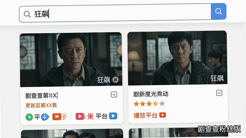 主体:搜索界面展示,布局:顶部搜索框内输入“狂飙”,下方显示搜索结果卡片列表,包含剧照、剧名、评分、播放平台图标。风格:简洁清晰,细节:搜索结果带有“更新至第XX集”标签,画质:高清,无多余元素,文字“剧查查粉丝版”
