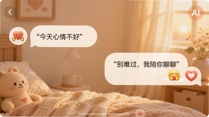 AI红娘暖暖的智能对话界面,左侧用户发送“今天心情不好”,右侧AI回复“别难过,我陪你聊聊”并配有一个拥抱表情,背景柔和,对话气泡圆润,整体温暖治愈风格,高清画质,干净简洁。