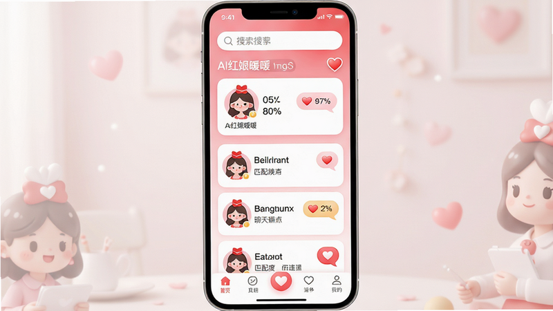 主体:AI红娘暖暖手机应用界面,展示首页推荐匹配、聊天列表、个人资料编辑三大核心板块。布局:上下分栏,顶部搜索栏,中部卡片式推荐用户,底部导航栏。排版:左右对称,图标圆润。风格:清新粉白渐变,卡通红娘元素点缀,温馨浪漫。细节:用户头像附近显示匹配度百分比,消息气泡带有爱心表情。画质:4K高清,干净无多余元素,文字标注“AI红娘暖暖”。