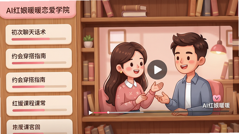 主体:AI红娘暖暖恋爱学院界面,左边竖排课程列表(“初次聊天话术”、“约会穿搭指南”等),右侧播放课程视频。布局:左右分屏,视频窗口占大半。排版:列表项有进度条,视频窗口有播放按钮。风格:温暖木色与粉色调,书架元素。细节:视频画面中男女主角卡通形象互动。画质:4K超清,无杂乱元素,视频角落有“AI红娘暖暖”标志。