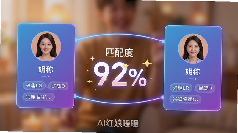主体:AI红娘暖暖匹配界面,左右并列两个用户卡片,中间显示“匹配度 92%”大数字。布局:卡片式设计,上方用户头像和昵称,下方兴趣标签。排版:黄金比例分割,背景柔光。风格:科技感与温馨结合,蓝紫渐变,荧光线条连接两个卡片。细节:匹配度数字带有闪光特效,卡片边缘发光。画质:超高清,无多余元素,屏幕中央有“AI红娘暖暖”水印。
