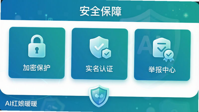 主体:AI红娘暖暖安全中心界面,显示“加密保护”、“实名认证”、“举报中心”三个模块图标,下方有盾牌标志。布局:卡片式三列排布,顶部标题“安全保障”。排版:图标下方文字说明。风格:蓝绿色安全色调,简洁专业。细节:每个卡片有锁形或认证标志。画质:高清,无多余元素,左下角有“AI红娘暖暖”字样。