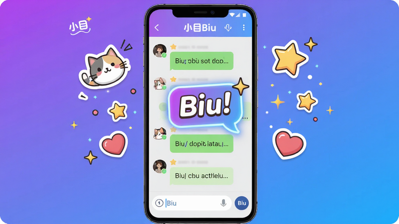 主体:一部安卓手机屏幕显示小目Biu聊天界面,气泡中带有“Biu!”特效文字,旁边有动态贴纸和闪光粒子。布局:手机居中,背景为渐变色(紫蓝过渡),界面简洁清爽。排版:手机屏幕内消息列表清晰,底部输入框带有Biu按钮。风格:扁平加微拟物,色彩明亮活泼,卡通风格点缀。细节:气泡边缘有光晕,贴纸为猫咪、星星、爱心形状,屏幕上方显示“小目Biu”logo。画质:4K超清,干净无多余元素。