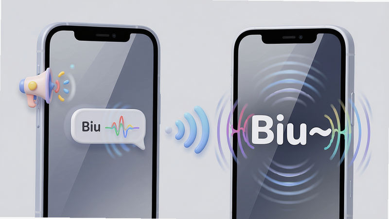 主体:两个手机屏幕面对面,左侧手机发送带音效的“Biu”消息,右侧手机屏幕出现声波图案和震动波纹。布局:左右对称,中间有无线信号连接示意。排版:左侧消息气泡上有一个小喇叭图标,右侧屏幕显示“Biu~”大字。风格:科技感+萌系,背景为浅灰色。细节:音效波形为彩色线条,手机边框圆润,屏幕反光柔和。画质:超高清,无多余元素。